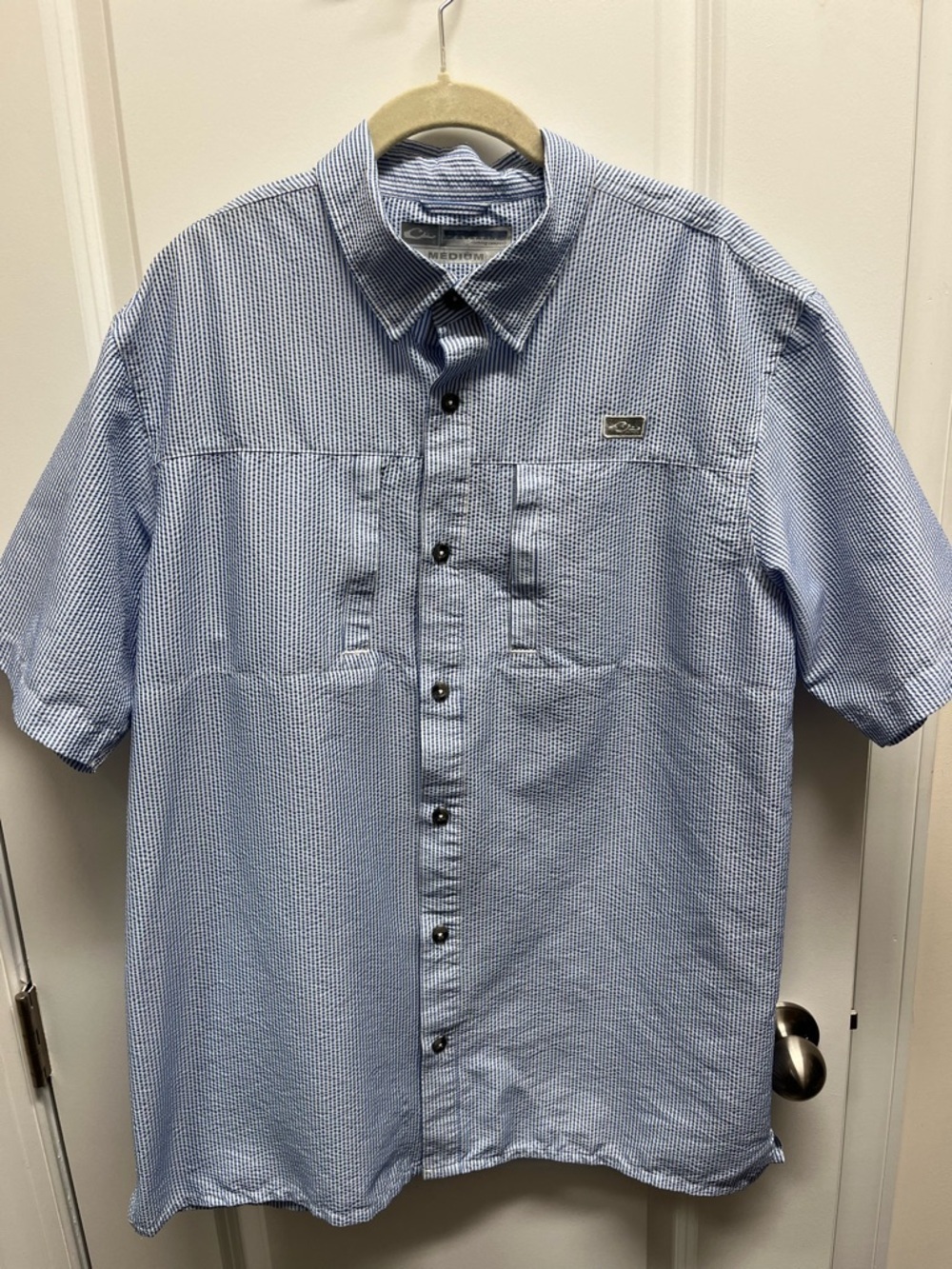 Drake Waterfowl Shirt M Blue Seersucker Pinstripe Fishing Outdoor Camp Button